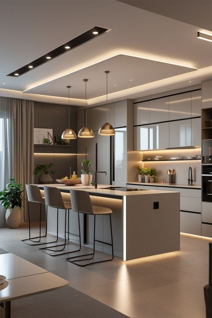 Modern kitchen with illuminated island and pendant lights