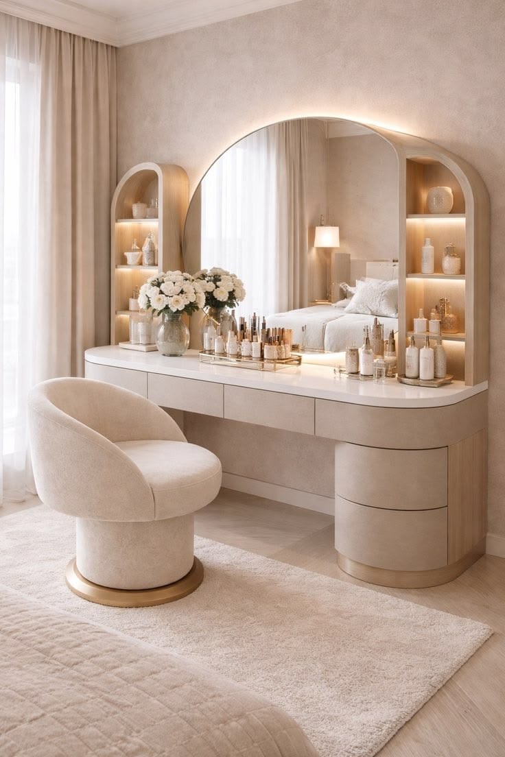 Elegant vanity table with arched mirror and gold accents
