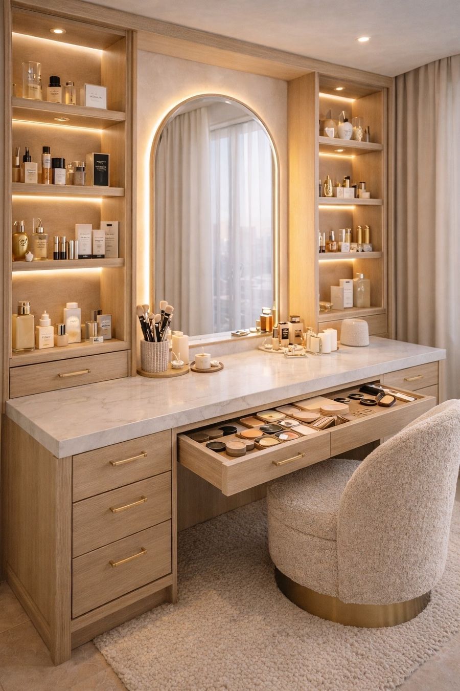 Luxury dressing table with marble top and open makeup drawer
