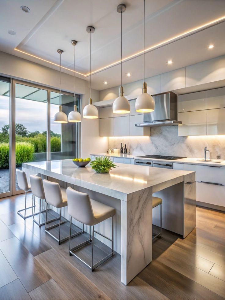 Modern kitchen with marble island and pendant lights