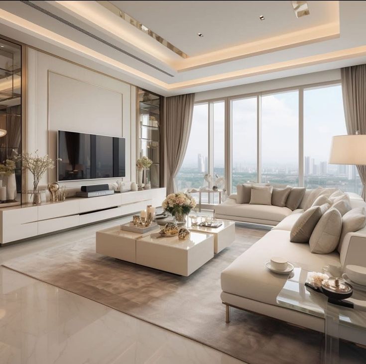 Bright high-rise living room overlooking the city