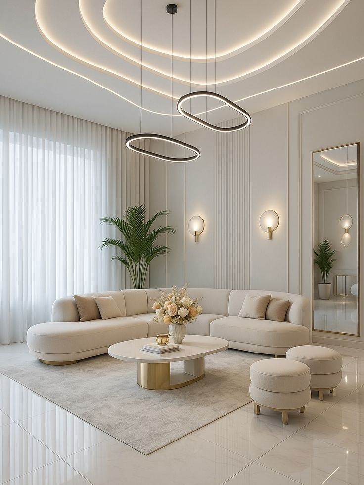 Soft cream living room with marble coffee table