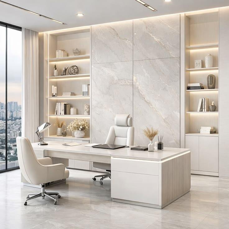 Luxury executive office with white L-shaped desk
