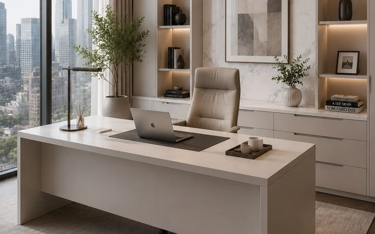 Executive office desk and chair with city view