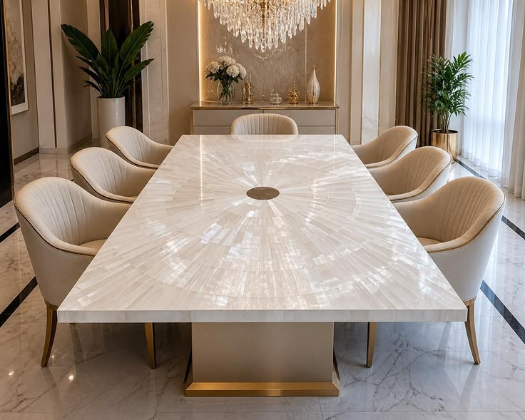 Glossy patterned dining table with cream and gold chairs